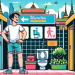 バンコクのトイレ事情を解説するためのイラスト。旅行者が清潔な公衆トイレの前に立ち、西洋式トイレとしゃがむタイプのトイレのサインが描かれた明るいポップなデザインで、バンコクの文化的な背景が含まれています。