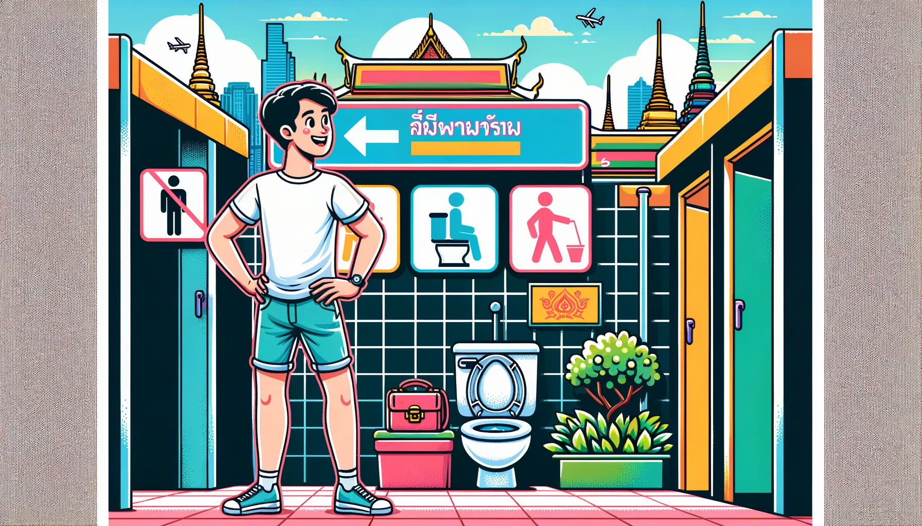 バンコクのトイレ事情を解説するためのイラスト。旅行者が清潔な公衆トイレの前に立ち、西洋式トイレとしゃがむタイプのトイレのサインが描かれた明るいポップなデザインで、バンコクの文化的な背景が含まれています。