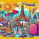 バンコク旅行で必要な持ち物を紹介するポップなイラスト画像。快適な旅行の準備をサポートする情報が詰まったブログ記事のアイキャッチ。