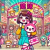 中国で人気のちいかわキャラクターが描かれたポップなイラスト。若者がちいかわ特設店舗でグッズを楽しそうに購入している様子。