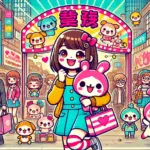 中国で人気のちいかわキャラクターが描かれたポップなイラスト。若者がちいかわ特設店舗でグッズを楽しそうに購入している様子。