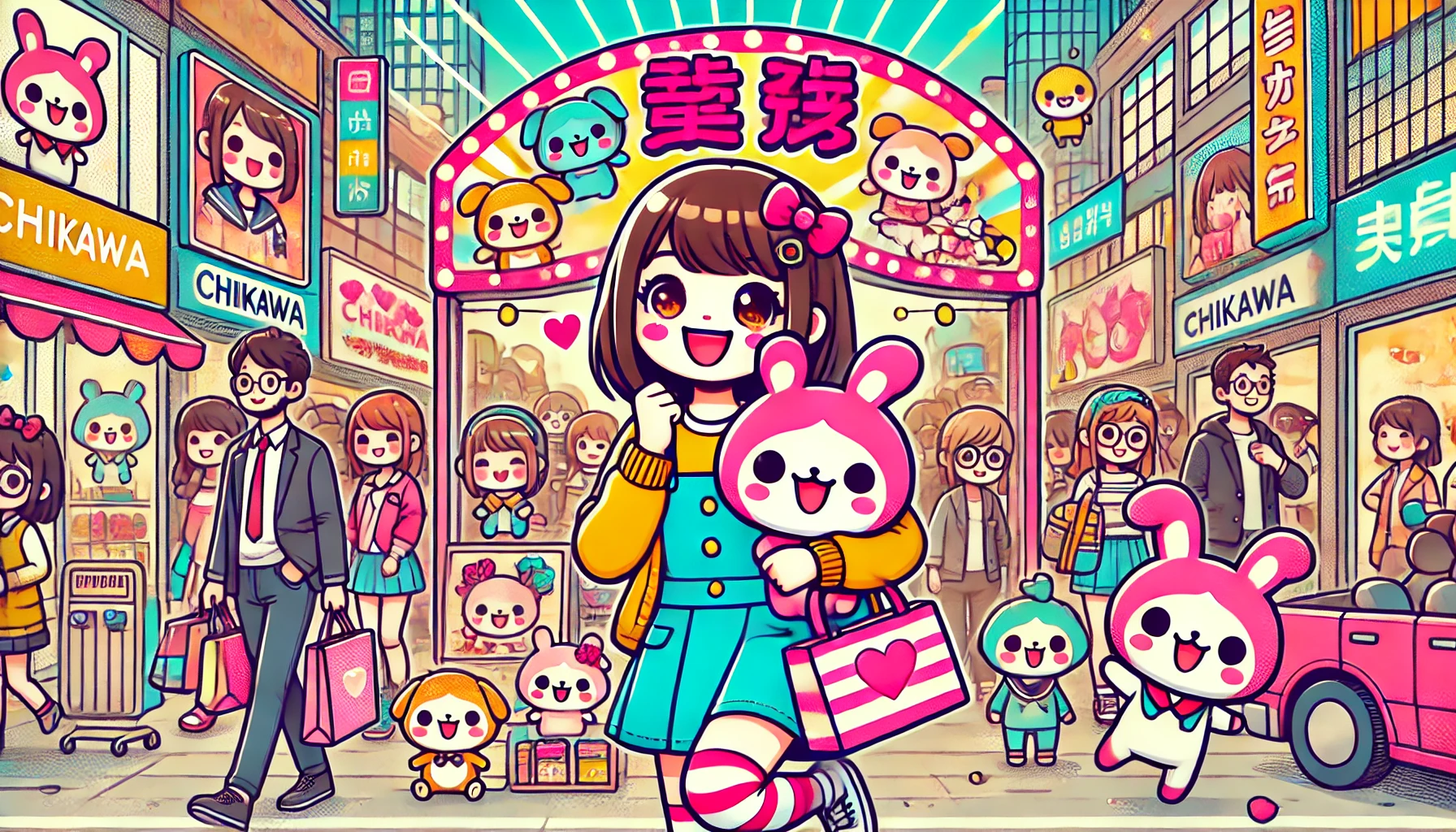 中国で人気のちいかわキャラクターが描かれたポップなイラスト。若者がちいかわ特設店舗でグッズを楽しそうに購入している様子。