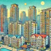 中国のマンション市場を示すポップなイラスト画像。高層マンションが並び、一部のバルコニーが封鎖された様子が描かれ、中国のマンション管理と都市生活の現状を反映している