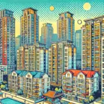 中国のマンション市場を示すポップなイラスト画像。高層マンションが並び、一部のバルコニーが封鎖された様子が描かれ、中国のマンション管理と都市生活の現状を反映している