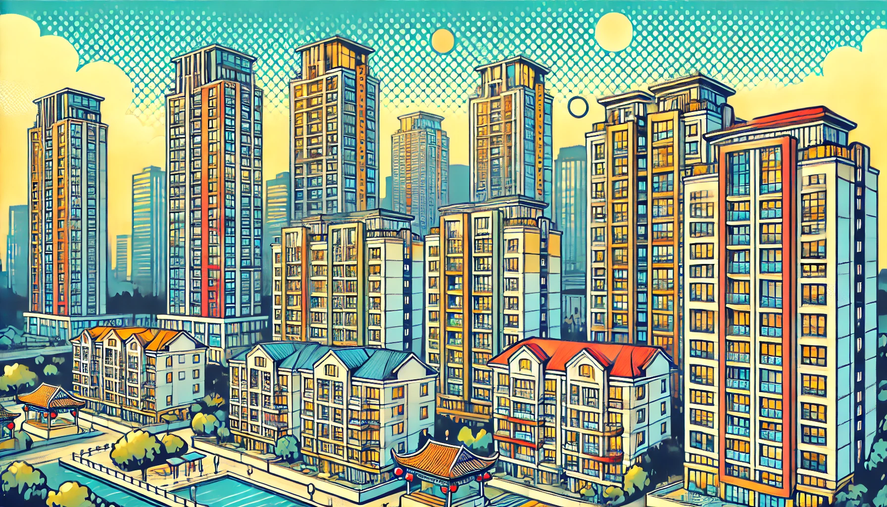 中国のマンション市場を示すポップなイラスト画像。高層マンションが並び、一部のバルコニーが封鎖された様子が描かれ、中国のマンション管理と都市生活の現状を反映している