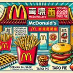 中国 マクドナルドのご当地メニュー、ジャーマンソーセージバーガーやタロパイ、ギザギザポテトが並ぶポップなイラスト