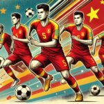 中国サッカー選手代表チームのイラスト画像。主要な選手たちが赤と黄色のユニフォームを着て躍動的に描かれ、背景にはサッカーフィールドとスタジアムの雰囲気が表現されているポップなデザイン