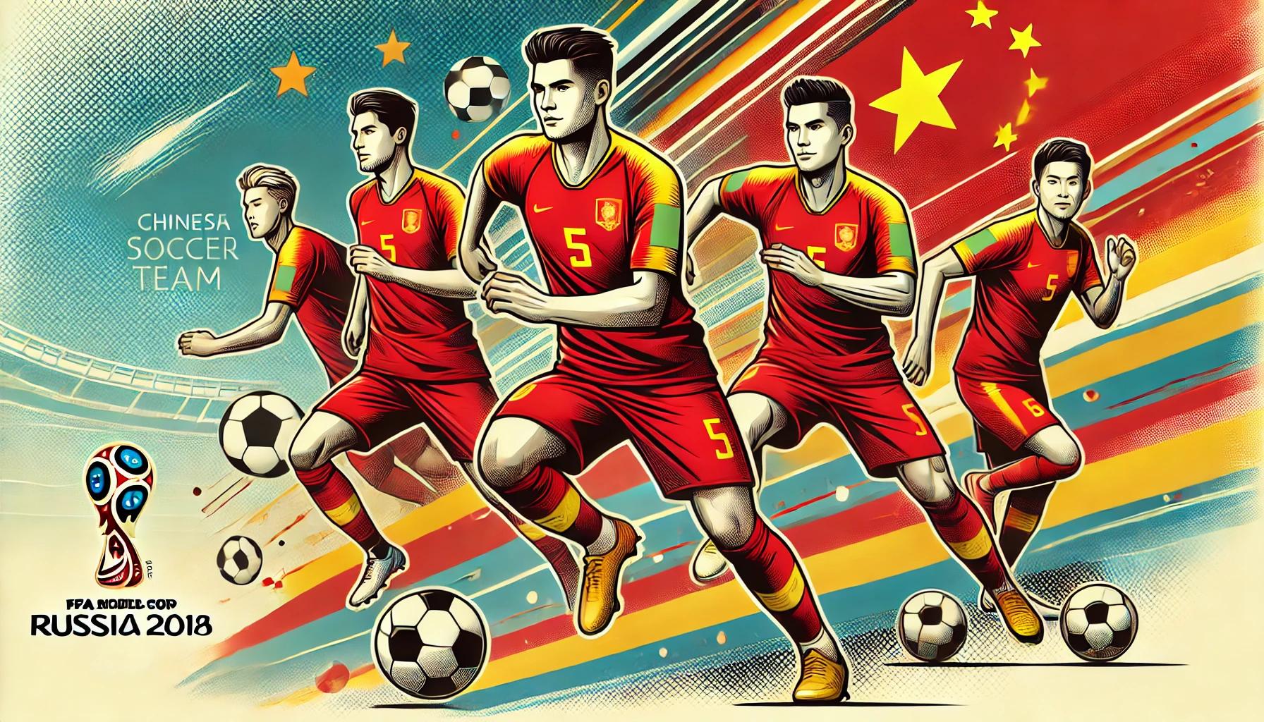 中国サッカー選手代表チームのイラスト画像。主要な選手たちが赤と黄色のユニフォームを着て躍動的に描かれ、背景にはサッカーフィールドとスタジアムの雰囲気が表現されているポップなデザイン