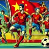 中国サッカー代表チームのユニフォームを着た多様な帰化選手たちがフィールドで活躍するポップなイラスト。中国の国旗も背景に取り入れられ、帰化選手がチームに与える影響や中国サッカーの未来を象徴しています。