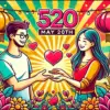 中国の「520」の意味を表現したポップなイラスト。5月20日を愛の日として祝う中国の文化を背景に、笑顔のカップルがハートや「520」の文字で愛を伝え合っている様子が描かれた画像