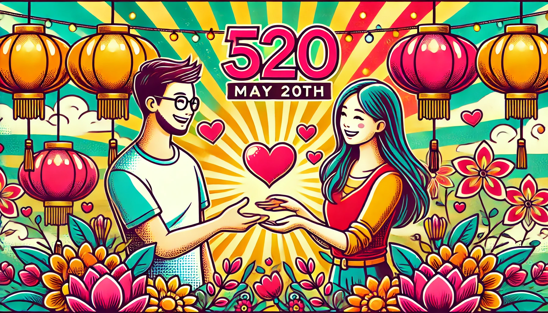 中国の「520」の意味を表現したポップなイラスト。5月20日を愛の日として祝う中国の文化を背景に、笑顔のカップルがハートや「520」の文字で愛を伝え合っている様子が描かれた画像