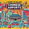 中国空港一覧ガイドのトップ画像。中国の主要空港を象徴するイラストに飛行機、空港ターミナル、荷物やWi-Fiアイコンが配置され、中国の都市やランドマークが背景に描かれたポップなデザイン