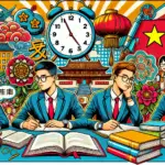 中国の学歴社会を象徴するイラスト。学生が本や試験用紙とともに勉強に励む様子を背景に、中国の教育システムや学歴競争の厳しさを表現したポップなデザイン