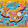 中国国内の英語対応状況を示すポップなイラスト。観光客や都市の建物、英会話の吹き出しが描かれ、中国で英語がどこまで通じるかを表現