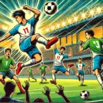 中国サッカーの有名選手たちがスタジアムで躍動するポップなイラスト。若手選手がボールを蹴り、ドリブルをする場面が描かれ、観客席には熱気あふれる応援の様子が広がっている