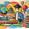 中国留学のメリットと費用を解説するポップなイラスト画像。学生や中国のランドマーク、教科書が描かれ、中国での留学環境を明るく表現しています。