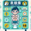 中国トイレの衛生面とマナーガイド。旅行者向けに清潔で快適に利用するための必需品や使い方をイラストで紹介。洋式と和式のトイレの特徴や持ち物（トイレットペーパー、消毒剤）も描かれたポップな案内図