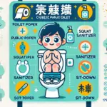 中国トイレの衛生面とマナーガイド。旅行者向けに清潔で快適に利用するための必需品や使い方をイラストで紹介。洋式と和式のトイレの特徴や持ち物（トイレットペーパー、消毒剤）も描かれたポップな案内図