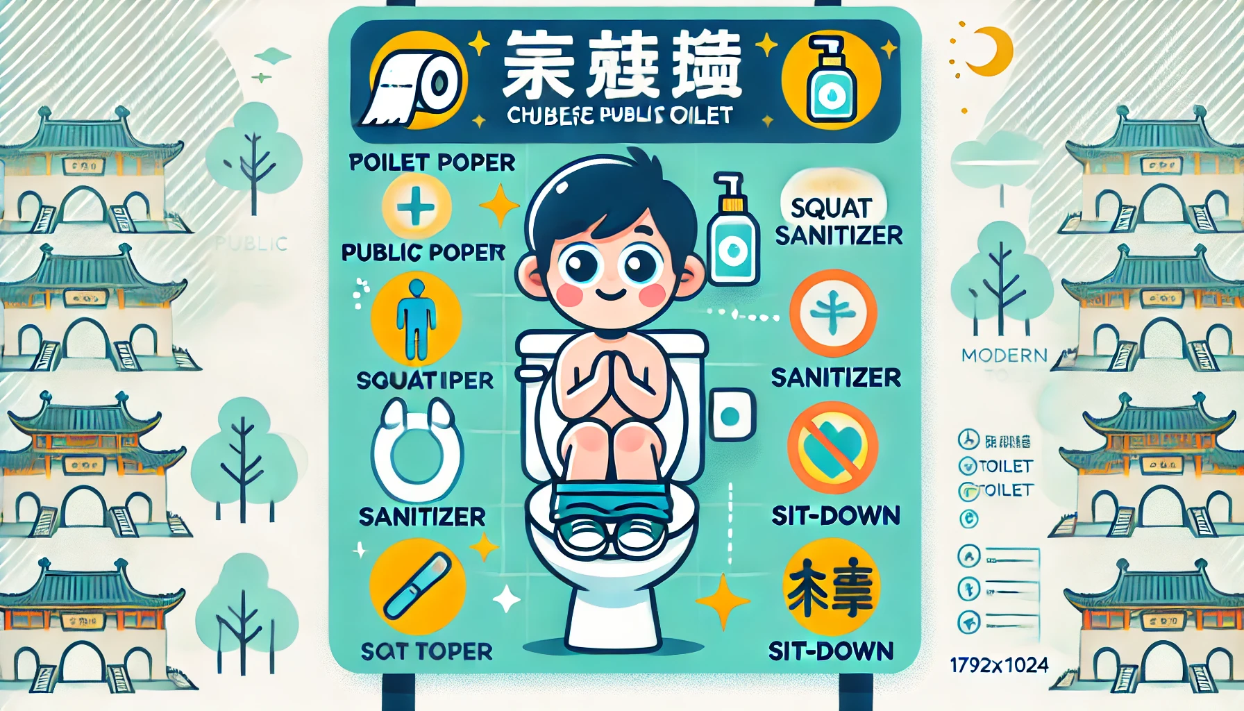 中国トイレの衛生面とマナーガイド。旅行者向けに清潔で快適に利用するための必需品や使い方をイラストで紹介。洋式と和式のトイレの特徴や持ち物（トイレットペーパー、消毒剤）も描かれたポップな案内図