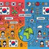 中国、韓国、日本の名前の順番の違いを表したポップなイラスト。中国の名前の順番が「姓→名」になる文化的背景と、韓国や日本との違いを象徴するシンプルなアイコンや家系図、地球儀が描かれている