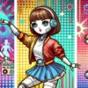 中国のロボットダンサー・バービーがポップなスタイルでロボットダンスを披露しているイラスト。人形のような姿と奇妙でかわいい動きが特徴のバービーの魅力が表現された画像