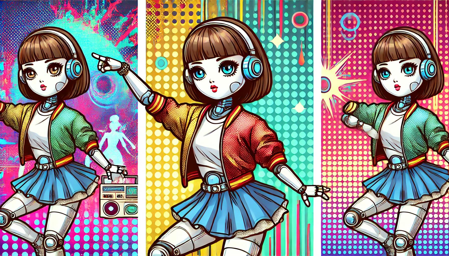 中国のロボットダンサー・バービーがポップなスタイルでロボットダンスを披露しているイラスト。人形のような姿と奇妙でかわいい動きが特徴のバービーの魅力が表現された画像