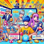 中国のVTuber市場の急成長を象徴するポップなイラスト。にじさんじやBiliBiliの影響力、視聴者からの投げ銭やバーチャルギフトを楽しむVTuberキャラクターとファンが描かれている。