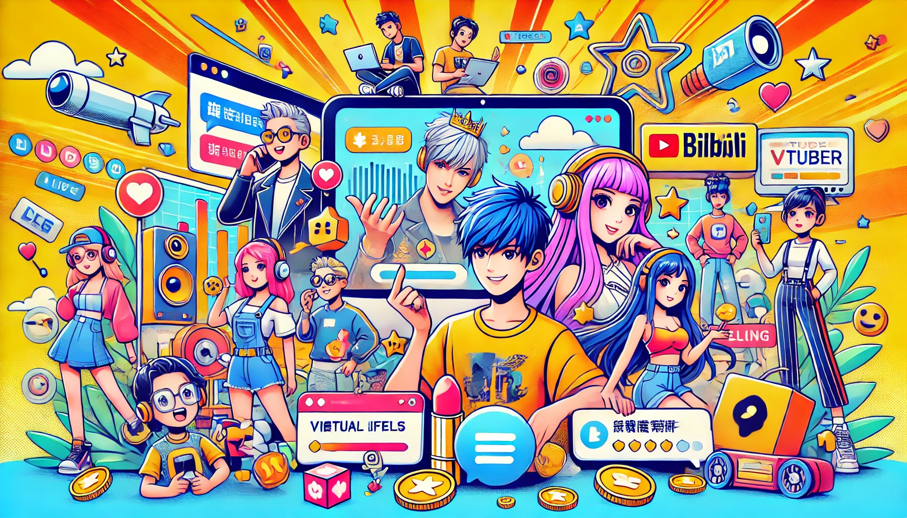 中国のVTuber市場の急成長を象徴するポップなイラスト。にじさんじやBiliBiliの影響力、視聴者からの投げ銭やバーチャルギフトを楽しむVTuberキャラクターとファンが描かれている。