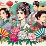 中国の人気女優たちを描いたポップなイラスト画像。華やかな衣装と中国の伝統的な装飾が施され、美しい中国女優たちの魅力を表現しています