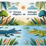 中国の自然環境で生息するワニ、ヨウスコウワニとイリエワニのポップなイラスト。河川や草木が描かれた中国のワニの生息地