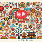 中国の名前に込められた文化的な意味や家族の願いを表現したポップなイラスト。背景に伝統的な中国の漢字や家系を象徴するアイコンが描かれており、中国名前の人気と特徴を視覚的に伝えるデザイン