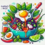 バンコクのガパオライスを楽しむためのポップなイラスト画像、目玉焼きとバジルの香り高い炒め物が特徴的なガパオライスが描かれています。