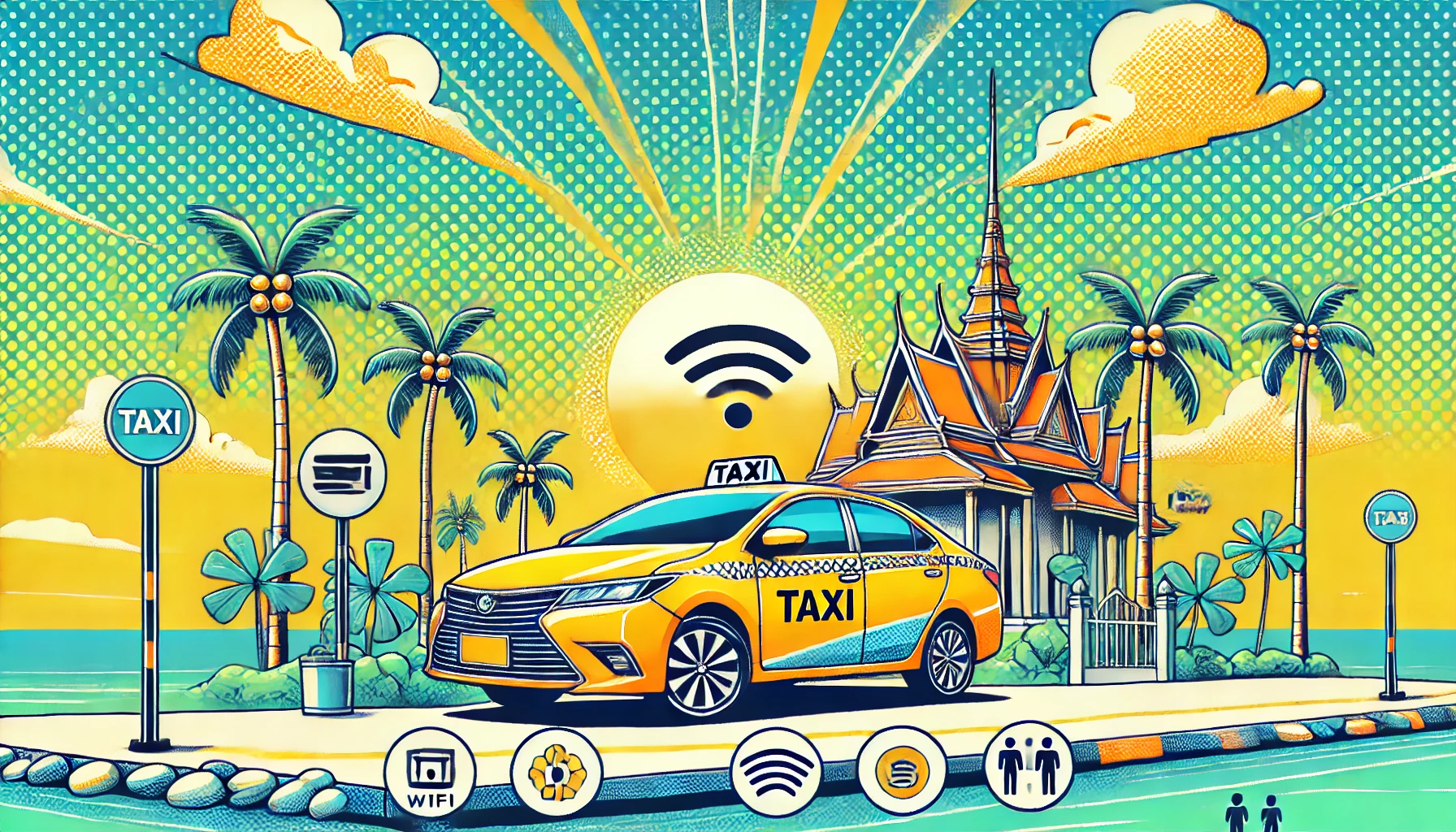 バンコクからパタヤへのタクシーサービスを象徴するポップなイラスト。明るい黄色のタクシーと青空、ヤシの木が描かれ、快適で安全な移動を表現しています。