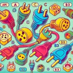 バンコクで使われるプラグの種類と特徴を示すポップなイラスト画像。Aタイプ、Bタイプ、Cタイプ、B3タイプのコンセント形状が描かれており、タイで使用するプラグの違いが視覚的にわかりやすく表現されています。