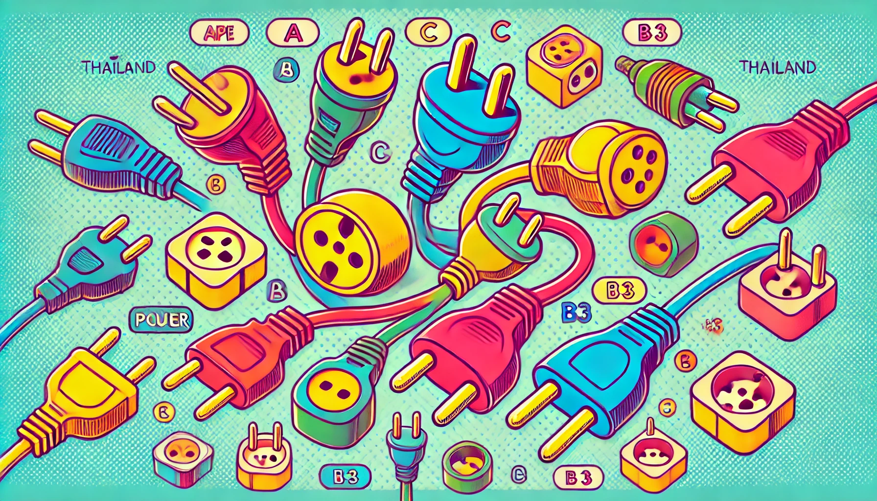 バンコクで使われるプラグの種類と特徴を示すポップなイラスト画像。Aタイプ、Bタイプ、Cタイプ、B3タイプのコンセント形状が描かれており、タイで使用するプラグの違いが視覚的にわかりやすく表現されています。