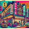 バンコクタニヤ通りの夜景を描いたポップアート風イラスト。ネオンライトや日本風の提灯が輝き、日本語対応のカラオケ店や屋台グルメが賑わう様子を表現。