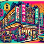 バンコクタニヤ通りの夜景を描いたポップアート風イラスト。ネオンライトや日本風の提灯が輝き、日本語対応のカラオケ店や屋台グルメが賑わう様子を表現。