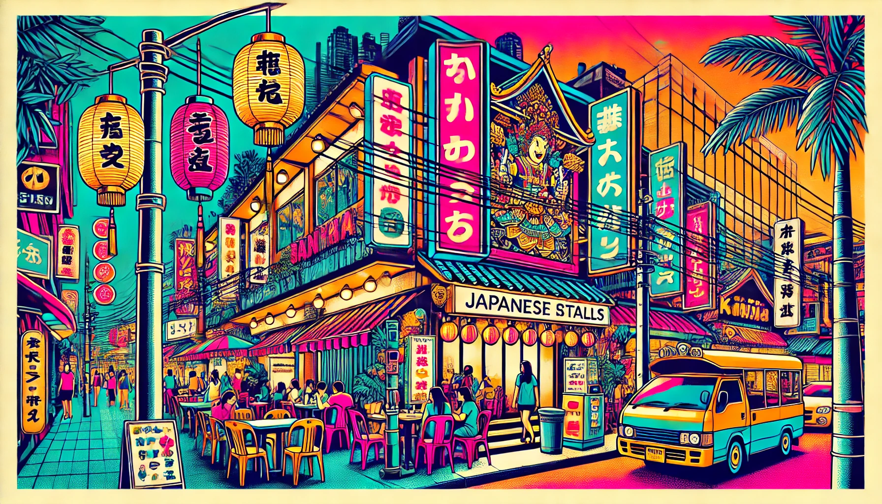 バンコクタニヤ通りの夜景を描いたポップアート風イラスト。ネオンライトや日本風の提灯が輝き、日本語対応のカラオケ店や屋台グルメが賑わう様子を表現。