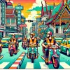 バンコクの街並みとバイクタクシーが活躍する様子を描いたポップなイラスト。バンコクのバイクタクシー利用ガイドに最適なイメージ。