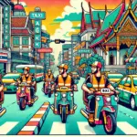 バンコクの街並みとバイクタクシーが活躍する様子を描いたポップなイラスト。バンコクのバイクタクシー利用ガイドに最適なイメージ。