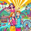 ダナンの遊園地で家族が楽しむ様子を描いたポップなイラスト。ゴールデンブリッジや観覧車などの魅力的なアトラクションが描かれた、明るくカラフルなテーマパークの風景。