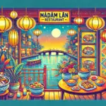 ダナンのマダムランレストランの店内を描いたポップなイラスト。ハン川の景色とランタンの装飾が映える空間で、ベトナム料理がテーブルに並んでいる様子を表現しています。