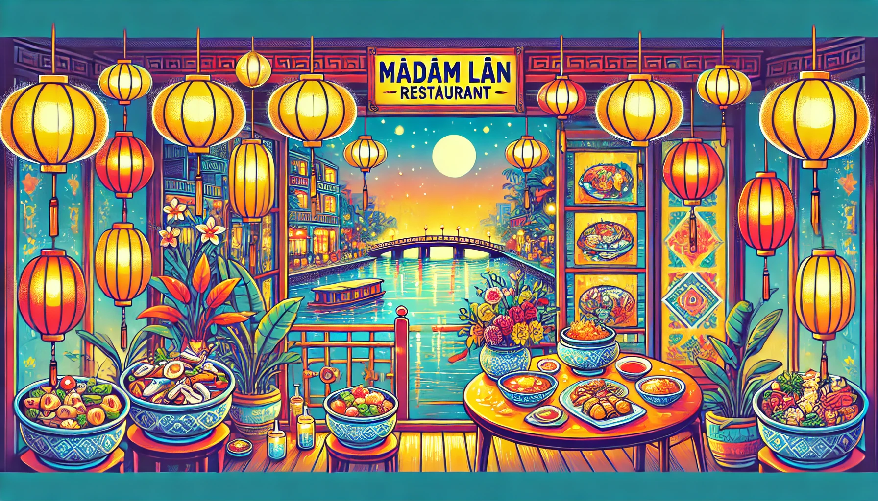 
ダナンのマダムランレストランの店内を描いたポップなイラスト。ハン川の景色とランタンの装飾が映える空間で、ベトナム料理がテーブルに並んでいる様子を表現しています。