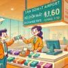 ホーチミン空港で旅行者が通貨を両替している様子を描いた、ポップで明るいイラスト。タンソンニャット空港の両替所カウンターで、親切なスタッフが対応しているシーンが特徴的です。