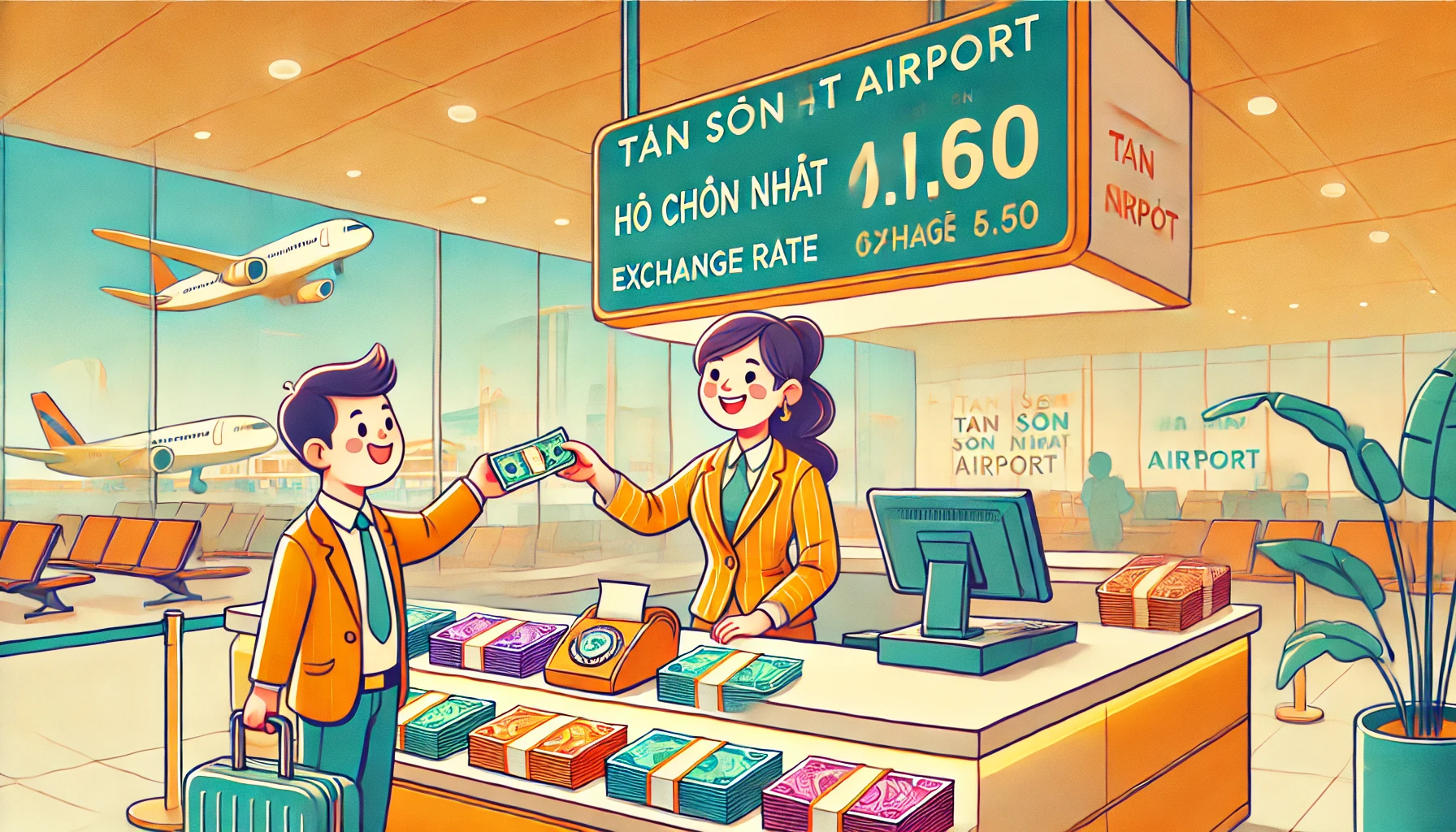 ホーチミン空港で旅行者が通貨を両替している様子を描いた、ポップで明るいイラスト。タンソンニャット空港の両替所カウンターで、親切なスタッフが対応しているシーンが特徴的です。