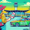 ホーチミン空港でGrabを利用する旅行者がスマートフォンで配車アプリを操作している様子を描いたポップなイラスト。背景には空港ターミナルとGrabの車両が見える、ホーチミン空港から市内への移動方法をわかりやすく伝えるデザイン。