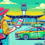 ホーチミン空港でGrabを利用する旅行者がスマートフォンで配車アプリを操作している様子を描いたポップなイラスト。背景には空港ターミナルとGrabの車両が見える、ホーチミン空港から市内への移動方法をわかりやすく伝えるデザイン。