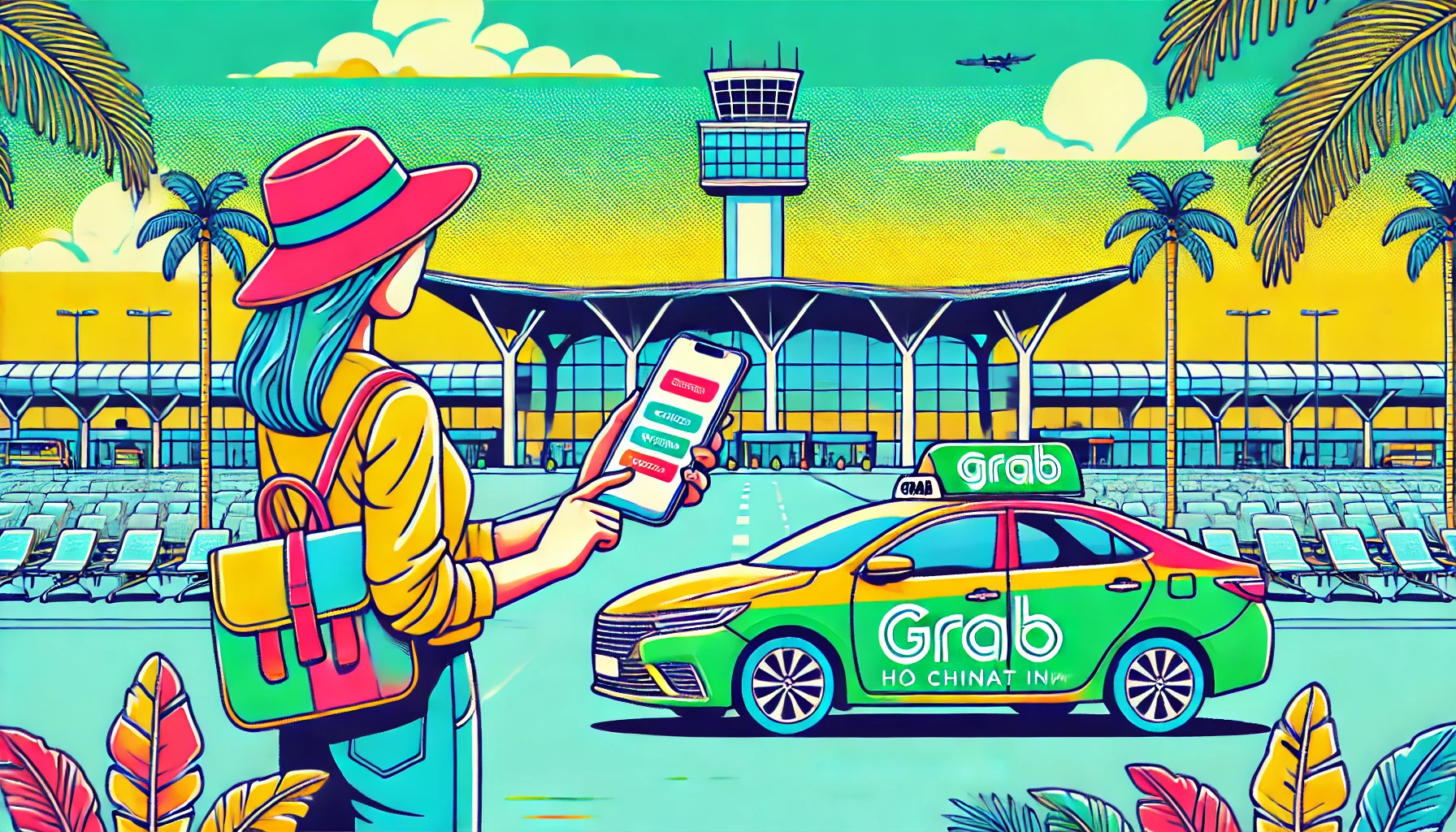 ホーチミン空港でGrabを利用する旅行者がスマートフォンで配車アプリを操作している様子を描いたポップなイラスト。背景には空港ターミナルとGrabの車両が見える、ホーチミン空港から市内への移動方法をわかりやすく伝えるデザイン。