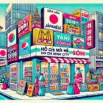 ホーチミンのコンビニを描いたポップなイラスト。日本、韓国、地元ブランドの看板が並び、食品や飲み物、買い物袋などのアイテムが色鮮やかに描かれたホーチミンの活気あふれる都市風景。