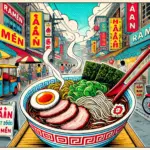 ホーチミンの屋台で楽しむラーメンと賑やかなストリートフードのシーン、AOJA RAMENを提供する屋台が描かれたポップなイラスト